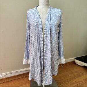 Japna Lounge Women’s Check Gingham Robe Lace Cuffs  No Belt Blue White Size L